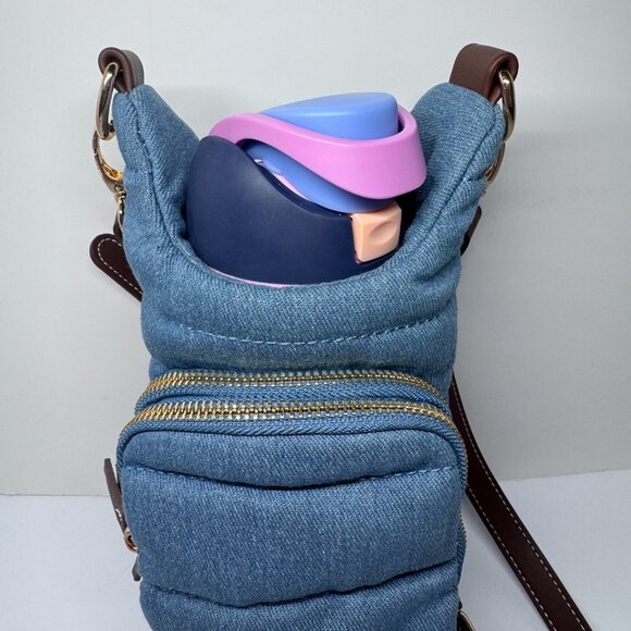 Wanderfull Denim Hydrobag with Strap, Phone and Card Holder, Blue w/brown strap - Picture 4 of 16